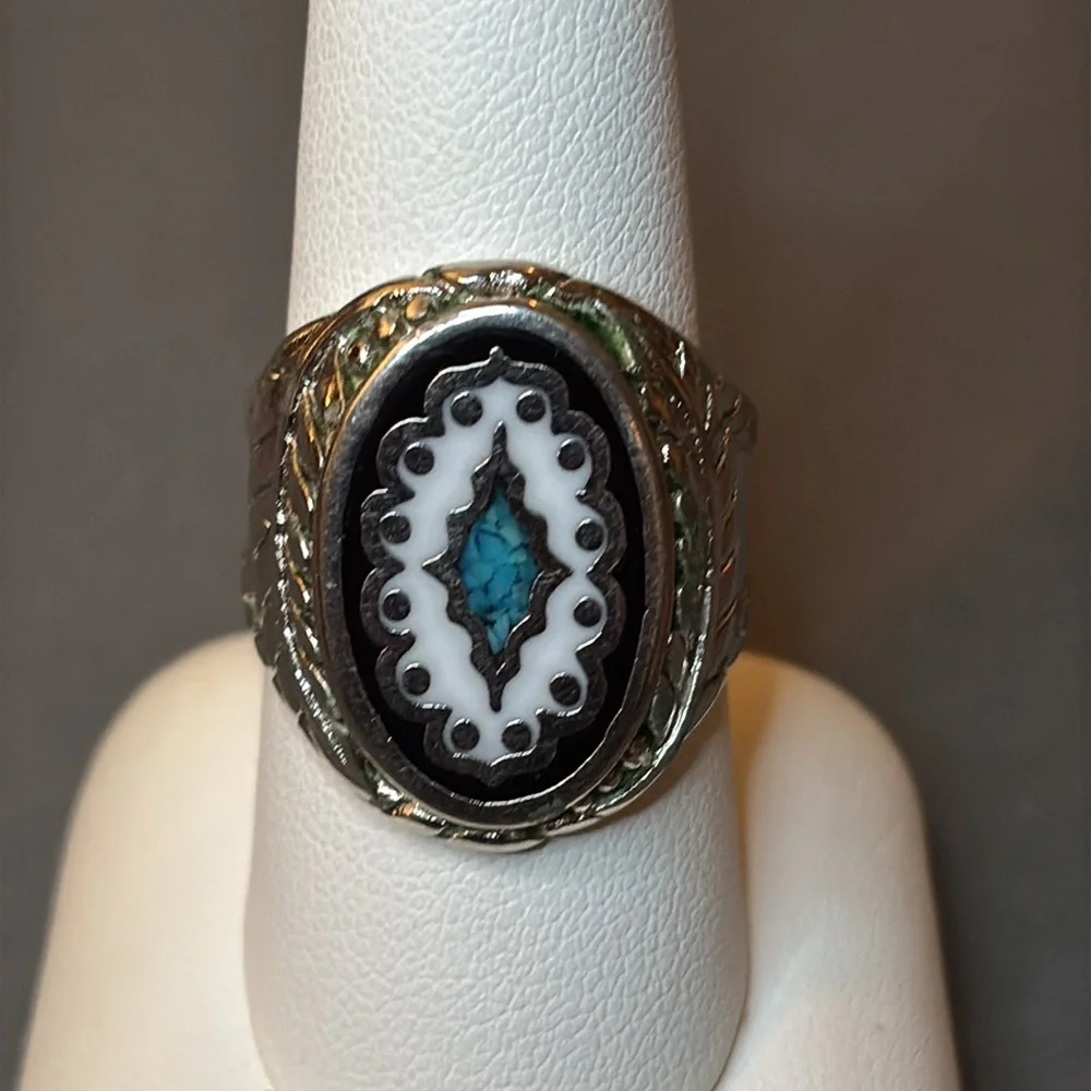 Sterling Ring with Inlaid Turquoise, Mother of Pearl and Onyx